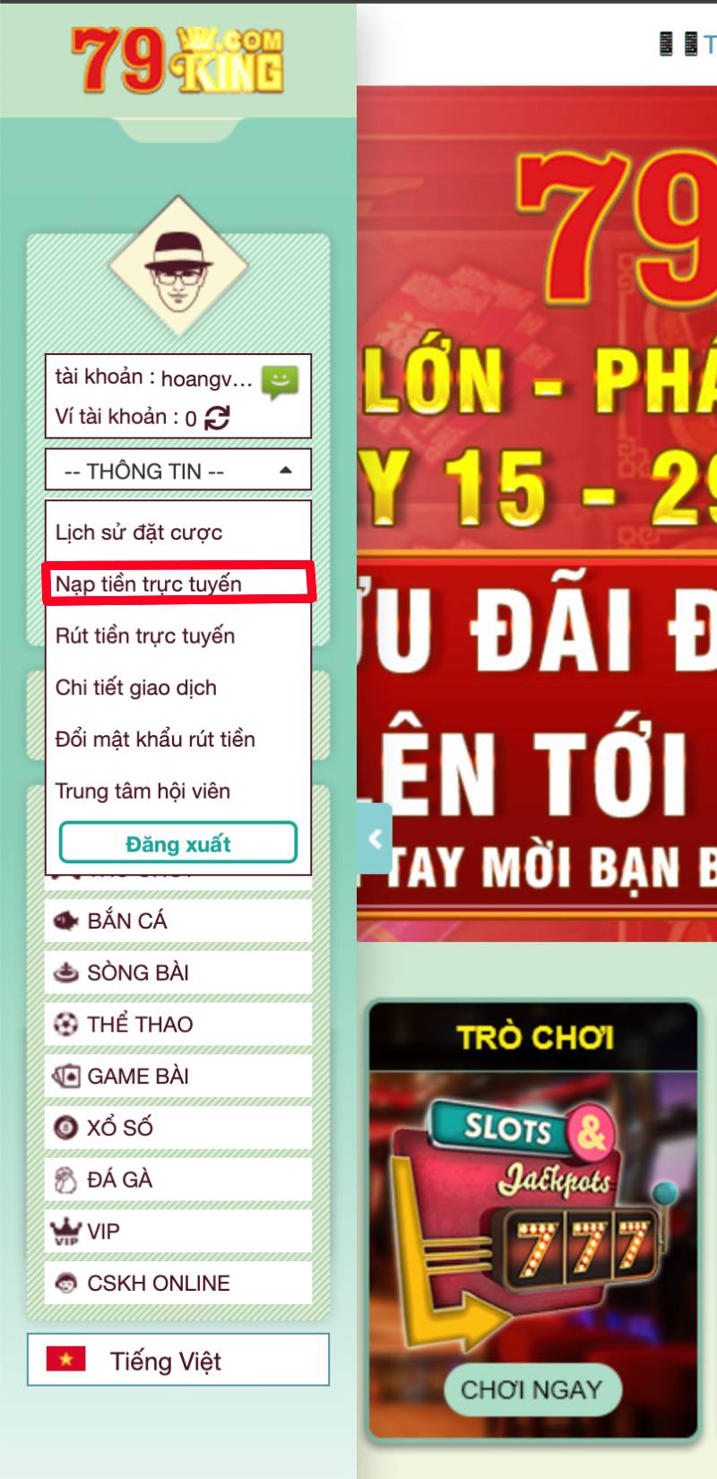 Chọn vào mục nạp tiền 79king