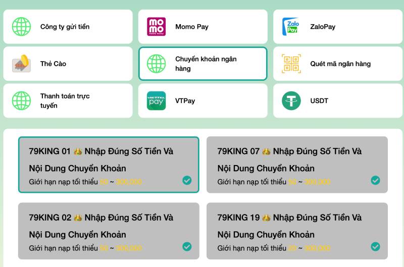 Chọn phương thức nạp tiền 79king