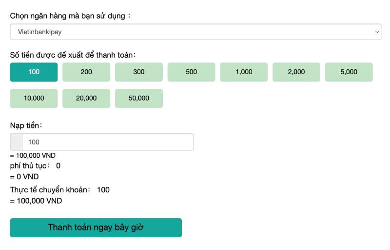 Chọn số tiền mình muốn nạp để nhận ưu đãi