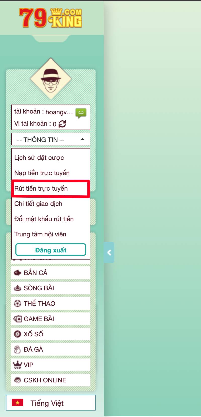 Truy cập tính năng rút tiền 79King
